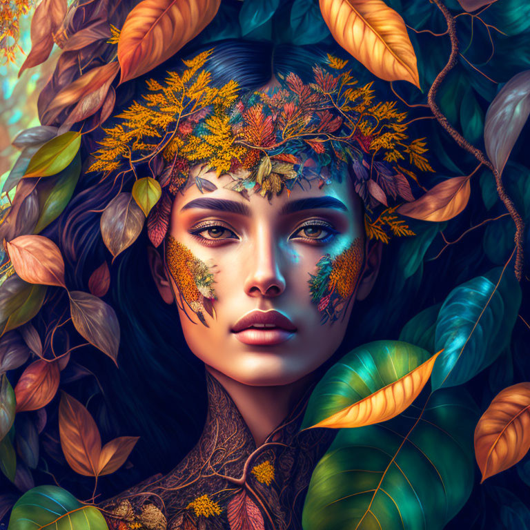 Woman adorned with autumn leaves and flowers, surrounded by foliage and painted leaves on her cheeks