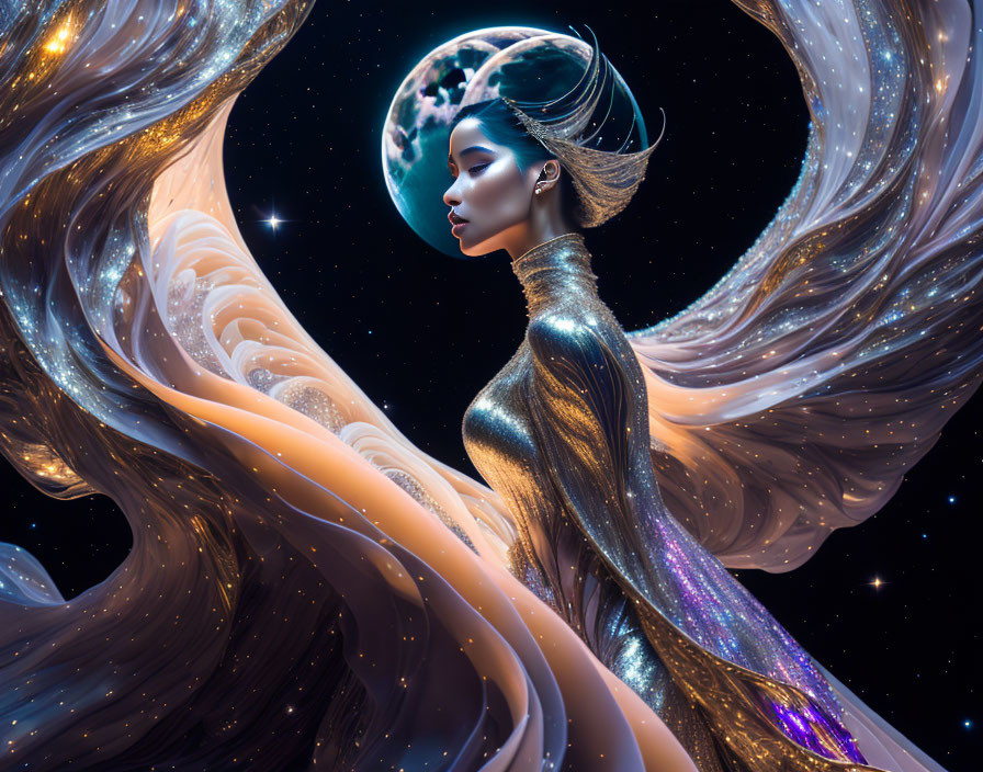 Digital artwork: Woman with cosmic hair and planet in starry space