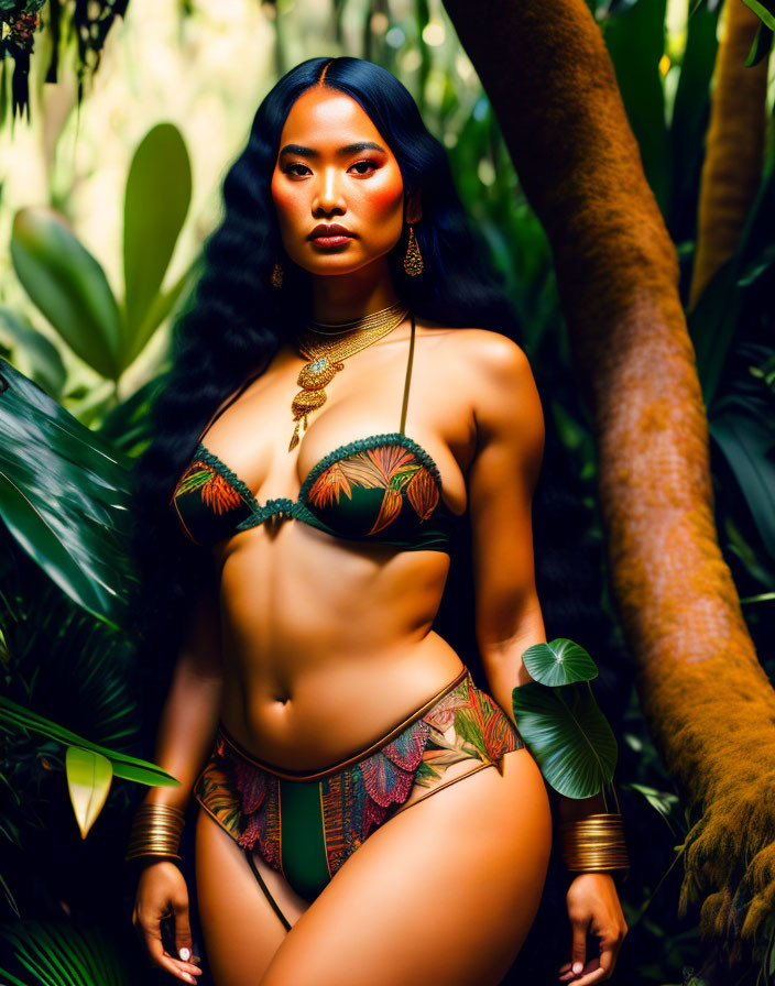 Woman in leaf-patterned bikini with long black hair and gold earrings in lush tropical setting