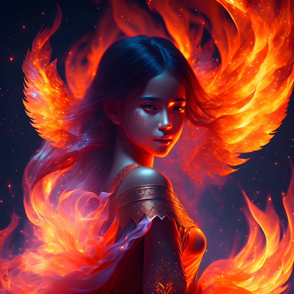 Digital artwork: Woman with glowing eyes and fiery wings in mystical, dark setting