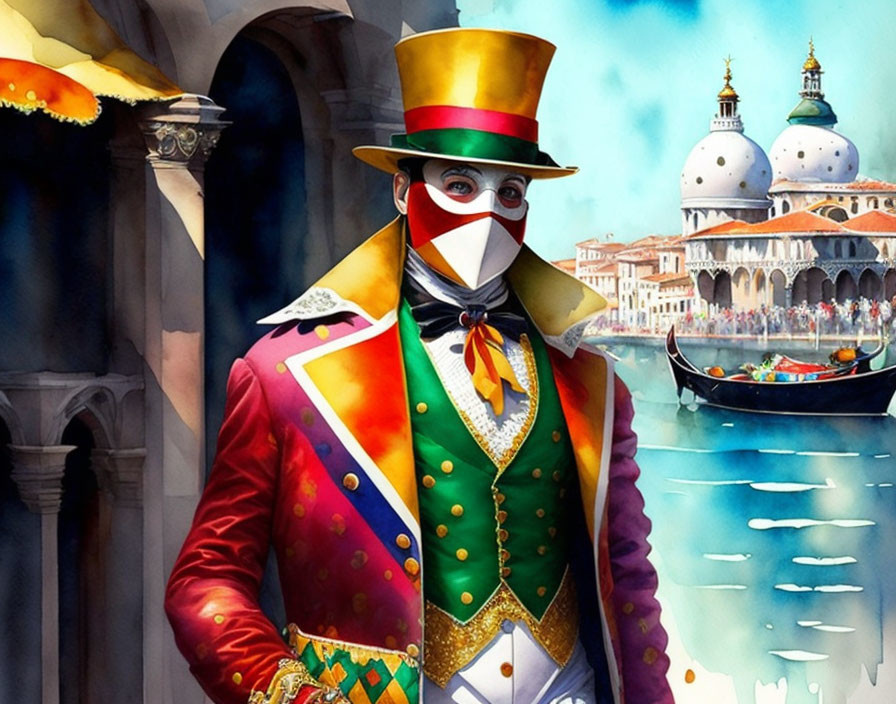 Colorful Venetian carnival costume with white mask in front of Venice backdrop with gondolas and