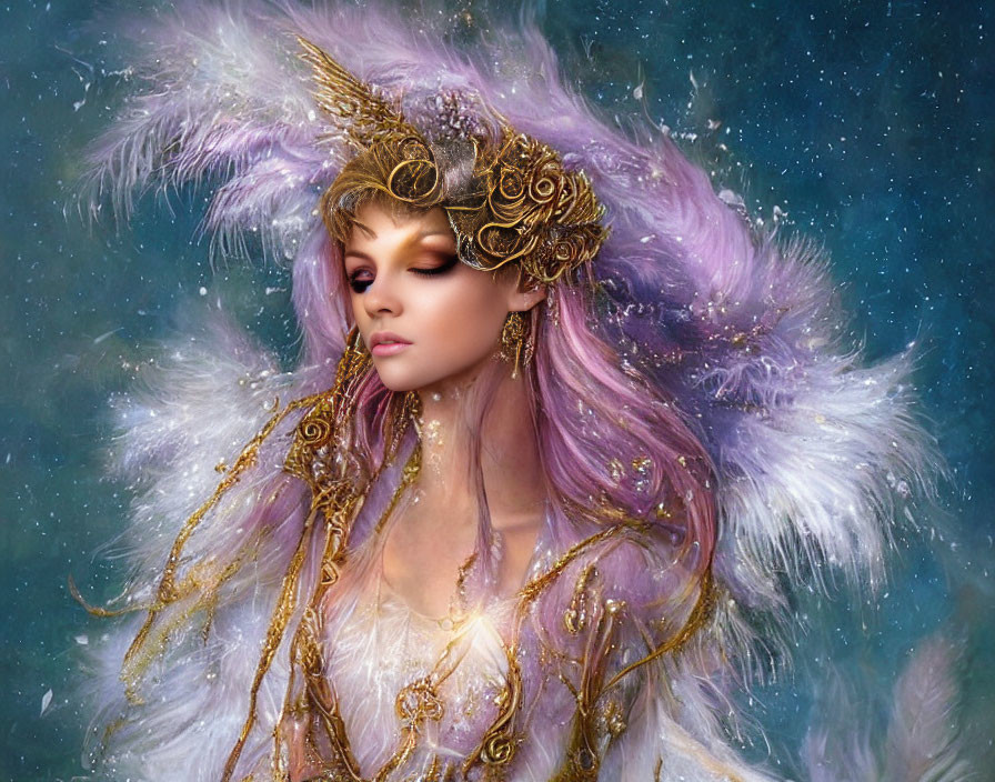 Ethereal female figure with pink hair in golden crown and armor against cosmic backdrop