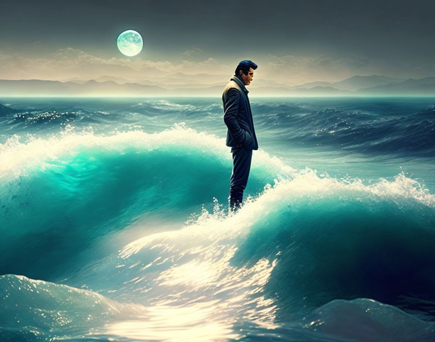 Man in suit on cresting wave gazes at moonlit sea