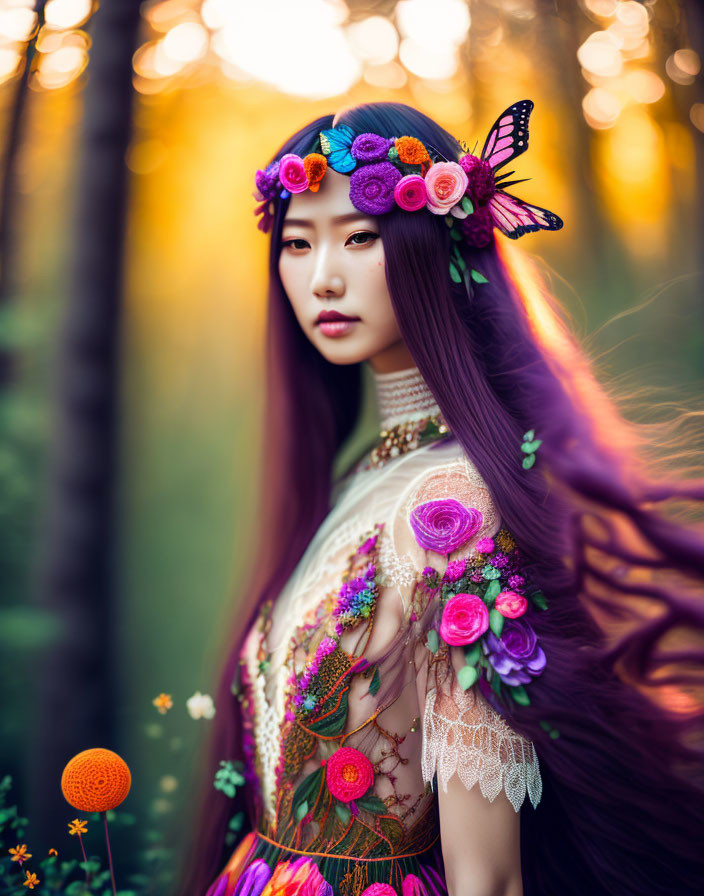 Woman with Long Purple Hair and Floral Dress in Golden Forest