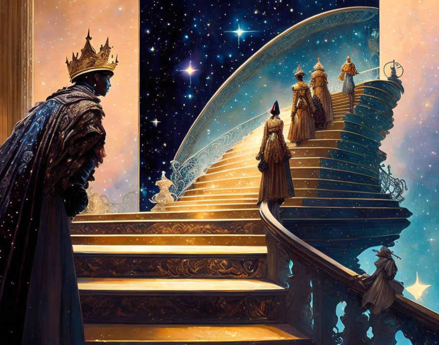 Royal figure in majestic attire gazes at celestial staircase in starry sky