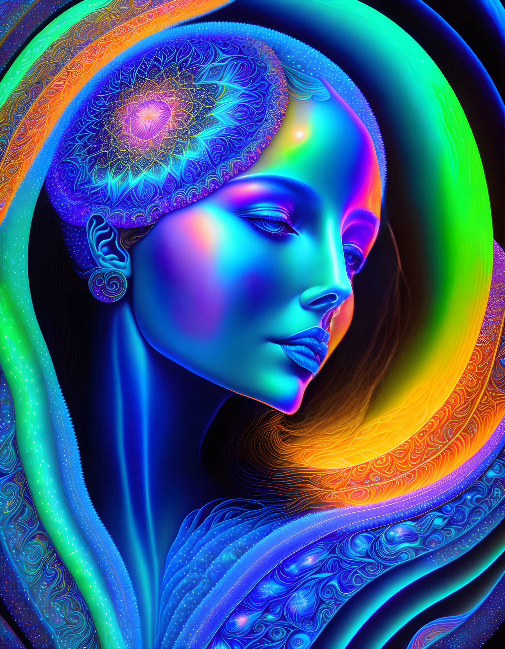 Colorful digital artwork of woman with glowing aura and intricate patterns