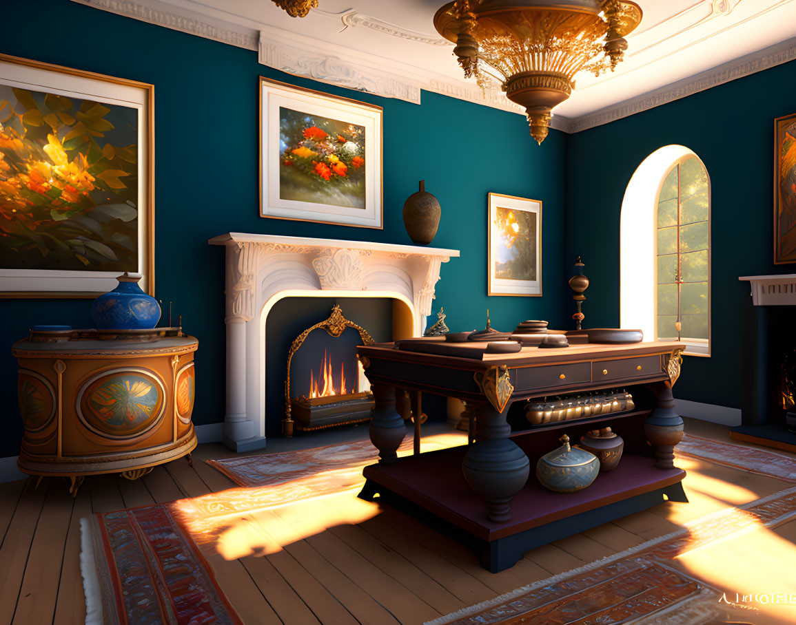 Teal-walled room with paintings, fireplace, ornate furniture, and patterned rug