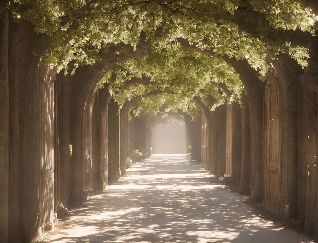 Serene stone pathway under arched tree canopy in sunlight