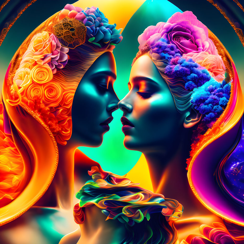 Digital artwork: Two women with floral and cosmic headpieces in yin-yang composition