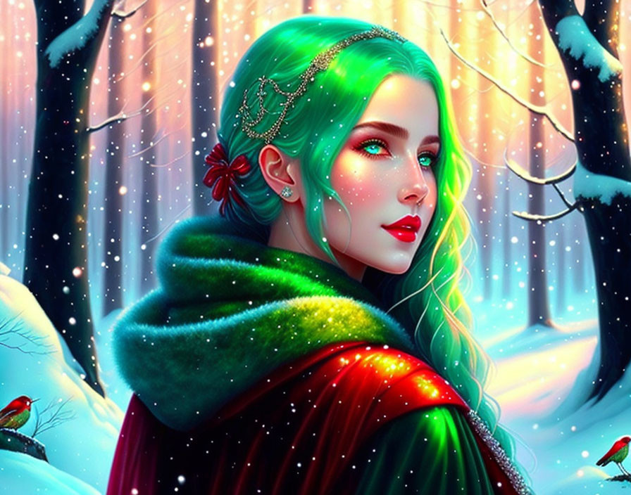 Digital artwork of a woman with green hair in a red cloak, surrounded by snowy forest.