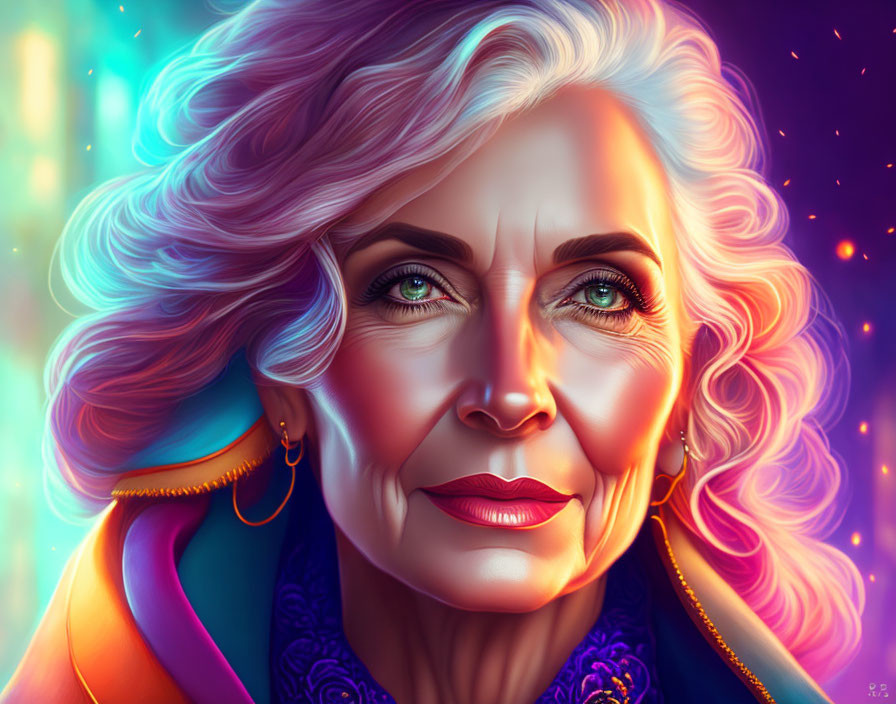 Elderly woman with gray hair and green eyes in vibrant digital portrait