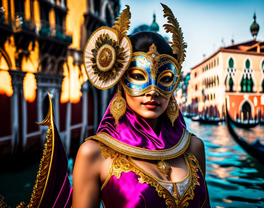 Elaborate Venetian Masked Figure by Canal