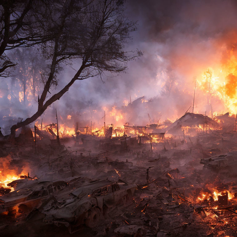 Raging fire consumes wrecked area with burning trees and destroyed vehicles