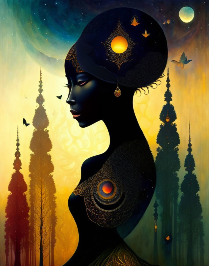 Celestial-themed artwork of a woman with night sky silhouette & cosmic details