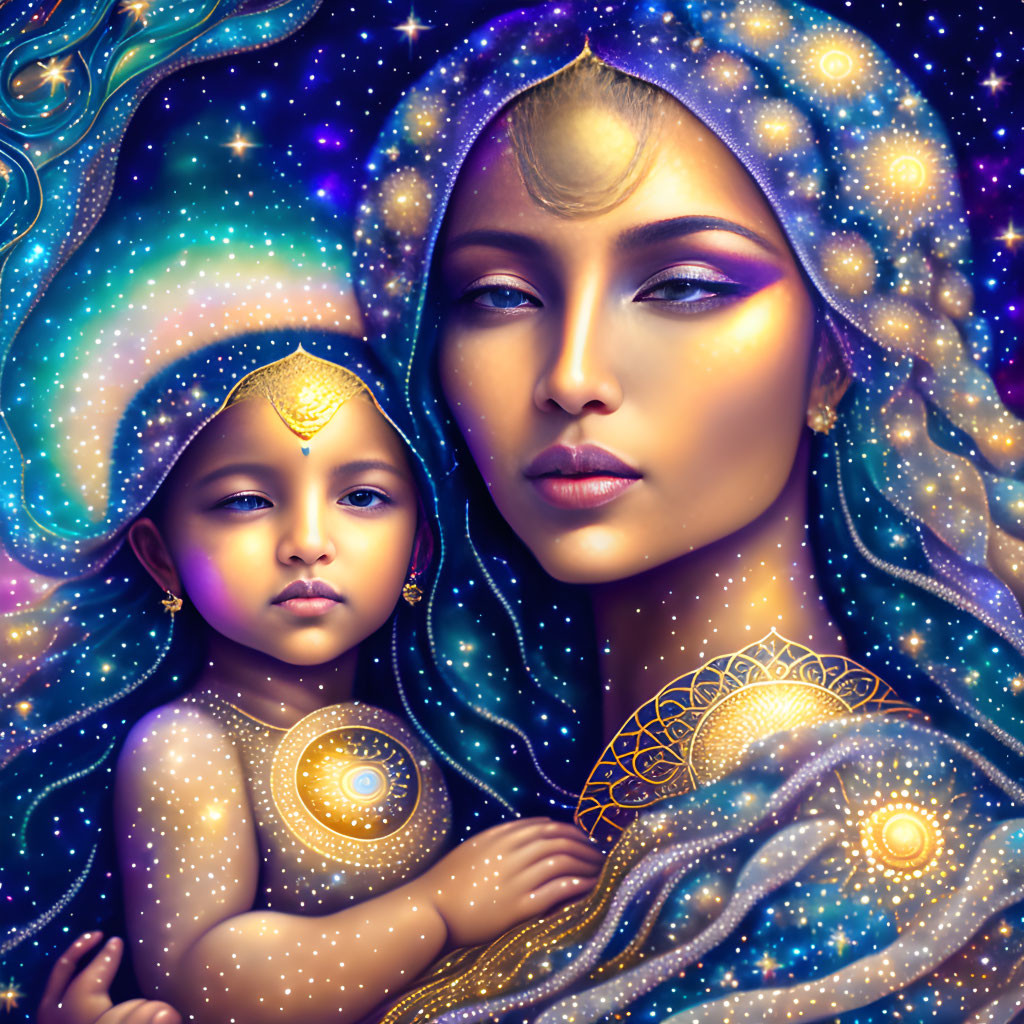 Illustration of Woman and Child with Cosmic Features and Gold Jewelry