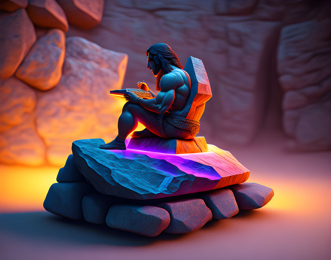 Muscular man with long hair holding tablet in 3D illustration