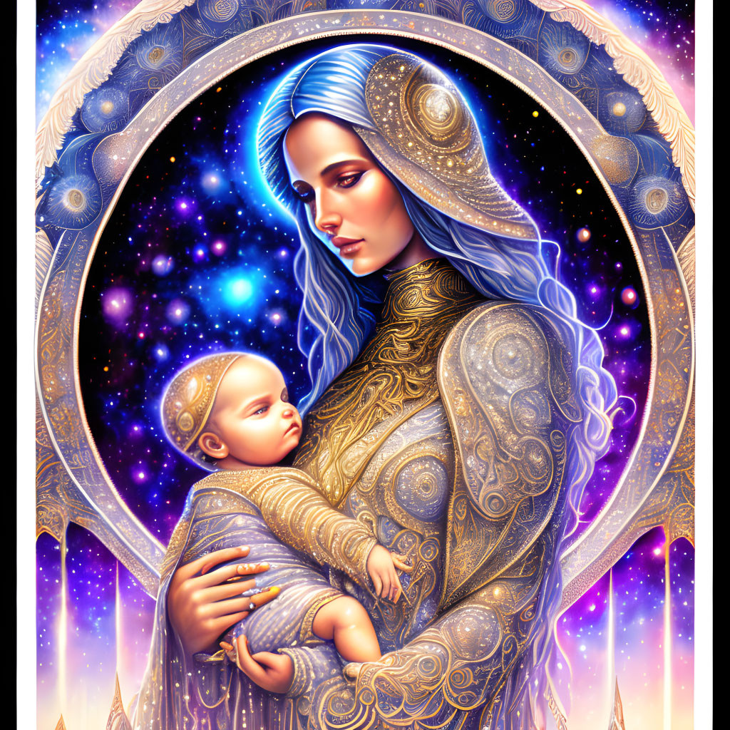 Celestial-themed woman holding infant in ornate illustration