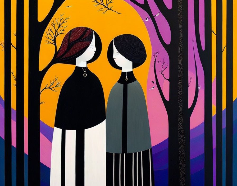 Stylized female figures in front of autumnal forest with full moon