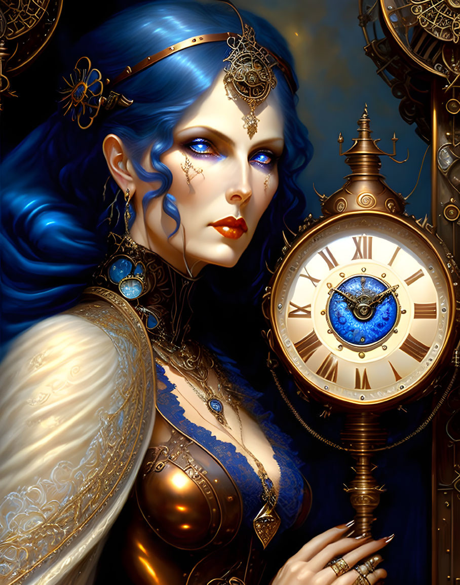 Illustrated Woman with Blue Hair and Steampunk Ornaments on Mechanical Background