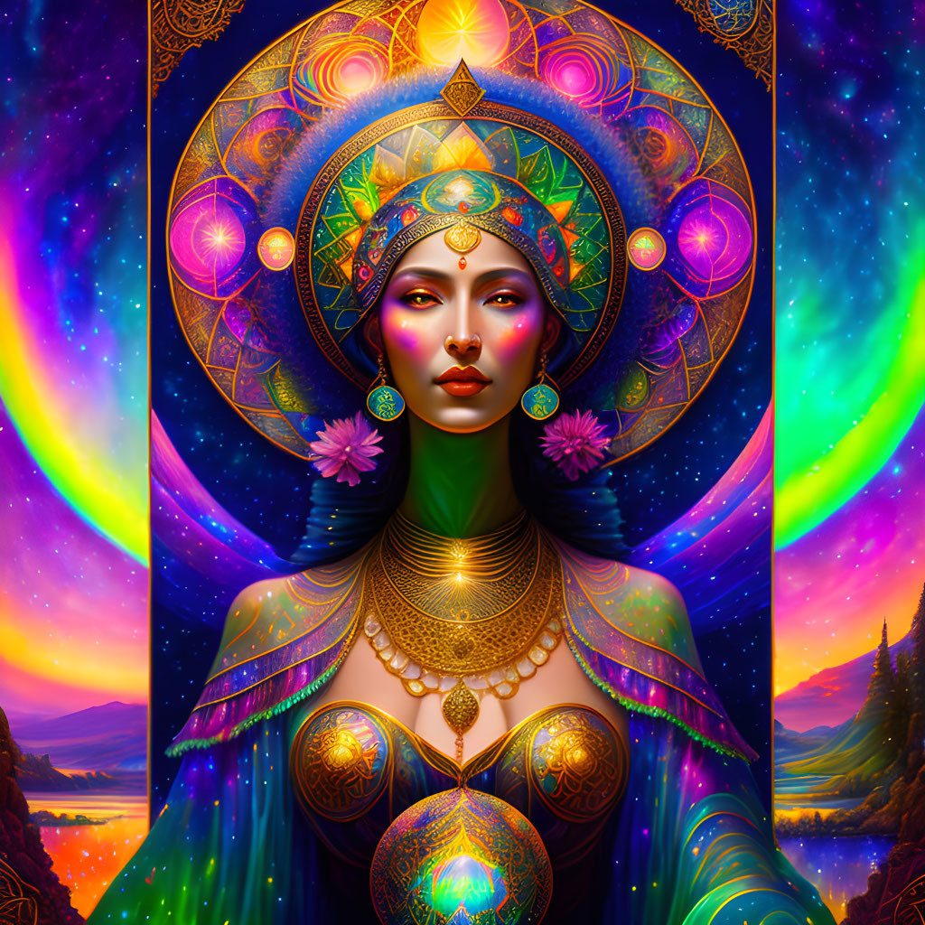 Colorful Artwork: Stylized Woman with Cosmic Background