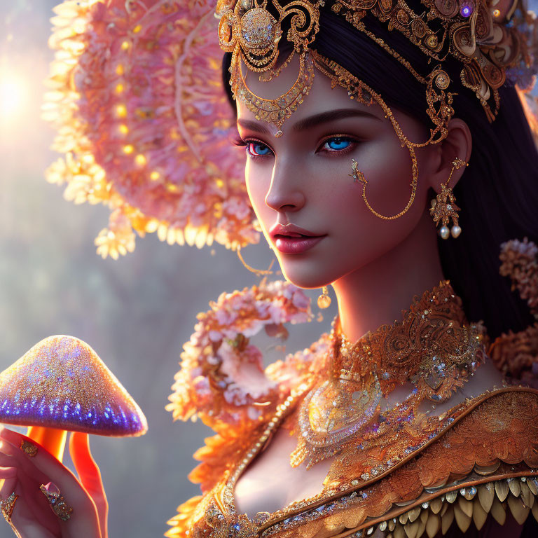 Fantastical Female Character with Gold Jewelry and Glowing Mushroom