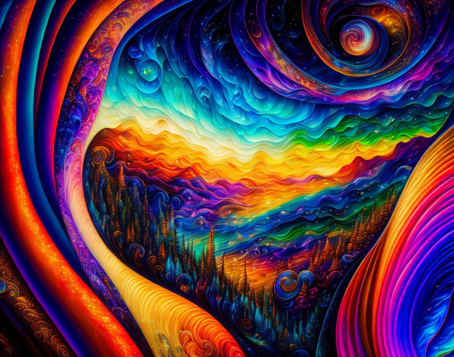 Colorful Psychedelic Landscape with Swirling Patterns and Transitioning Tones