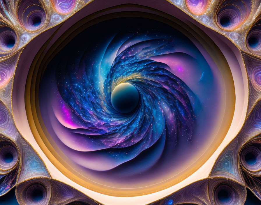 Colorful digital fractal: cosmic spiral in blue and purple with golden, peacock feather patterns