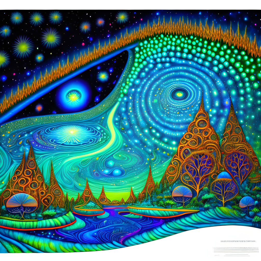 Colorful psychedelic cosmic illustration with stars and trees on dark sky