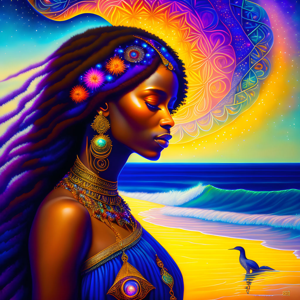 Colorful African Woman Profile Illustration on Beach Background