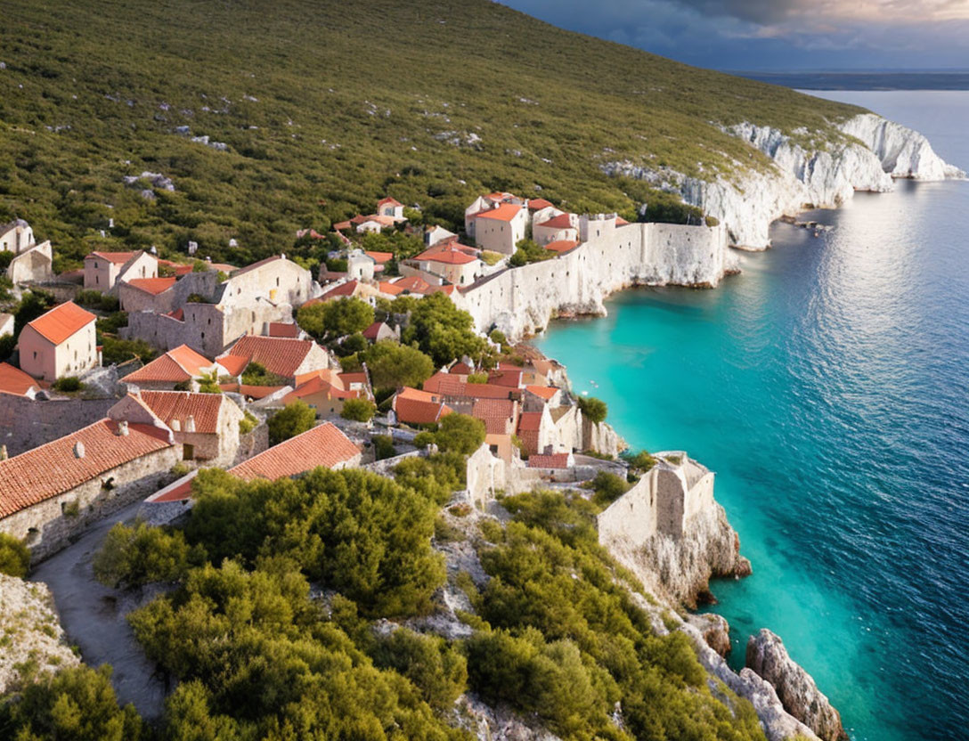 Scenic coastal village with terracotta roofs by green hills and calm sea