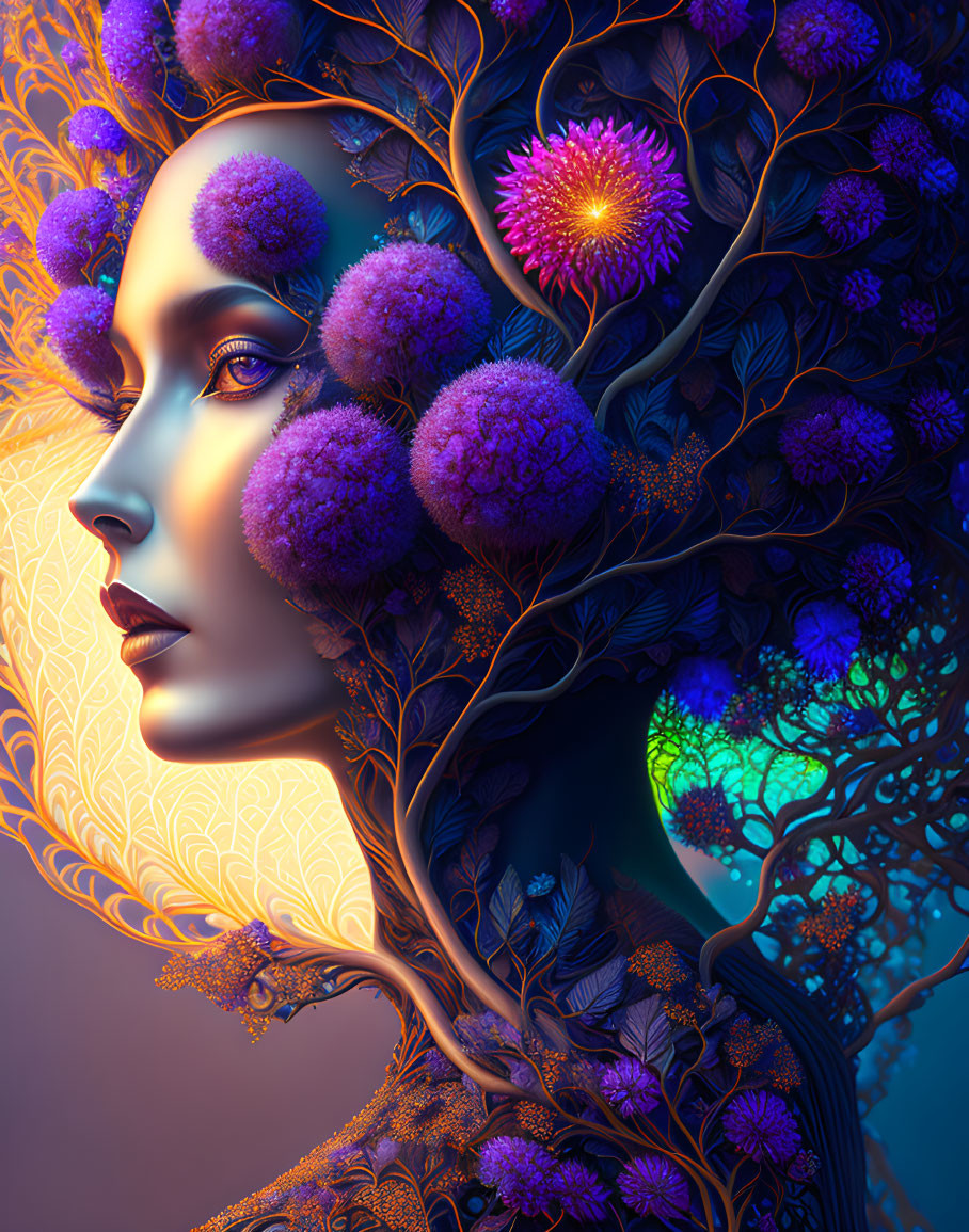 Woman Portrait with Violet Floral Patterns and Tree Branches in Hair on Warm Background