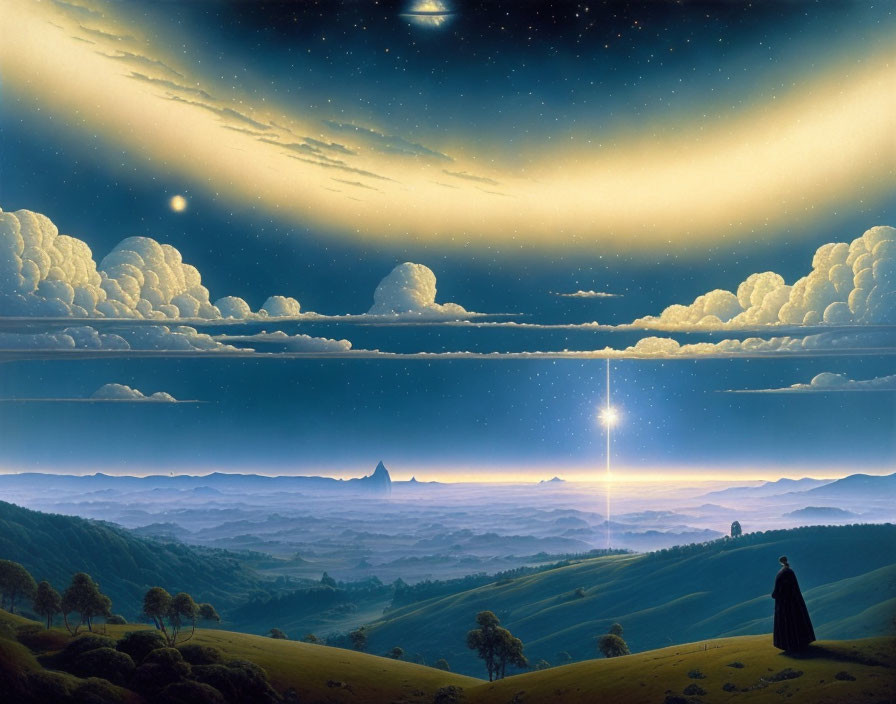 Surreal landscape with cloaked figure and starlit scenery