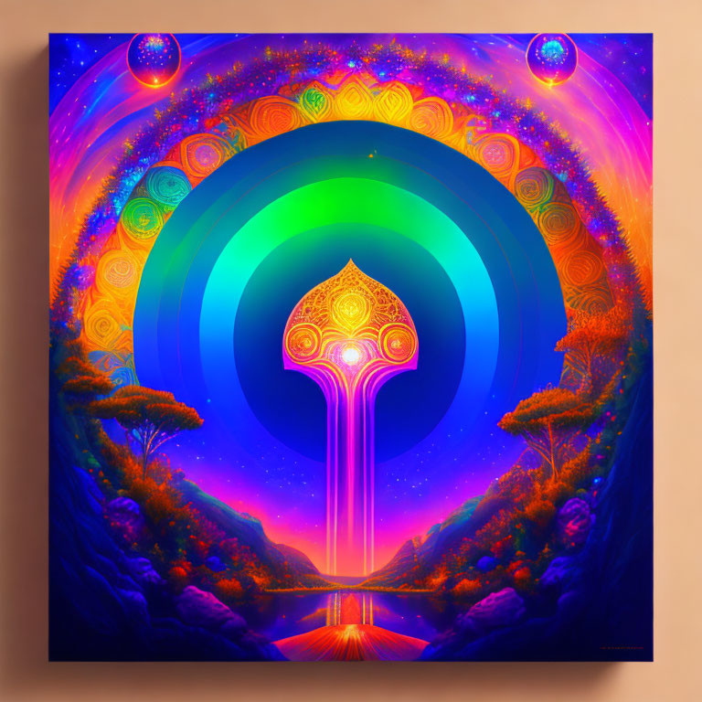 Colorful Psychedelic Landscape with Tree-Like Structure and Celestial Bodies