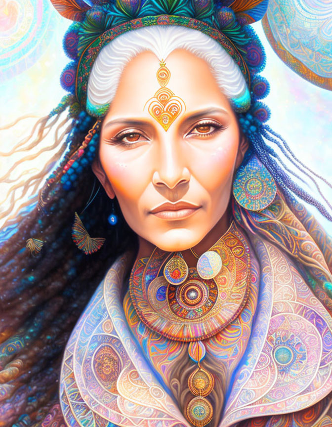 Colorful digital portrait of a woman with intricate face paint and vibrant headdress, surrounded by glowing elements