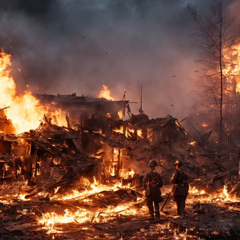 Massive blaze in collapsed building with firefighters amidst chaos