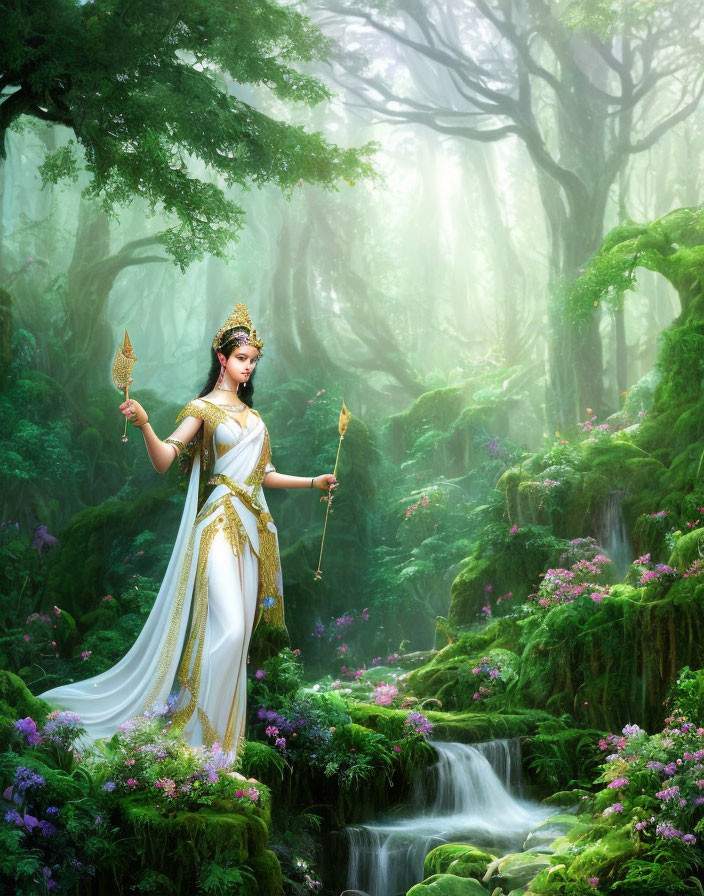 Ornately dressed woman with scepter in mystical forest