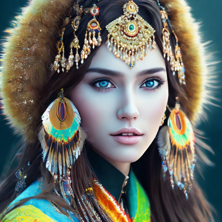 Traditional headdress with blue-eyed woman and feather earrings