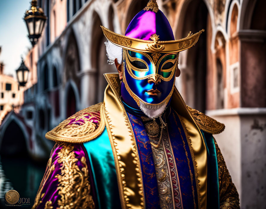 Elaborate Blue and Gold Venetian Mask and Costume with Canal Background