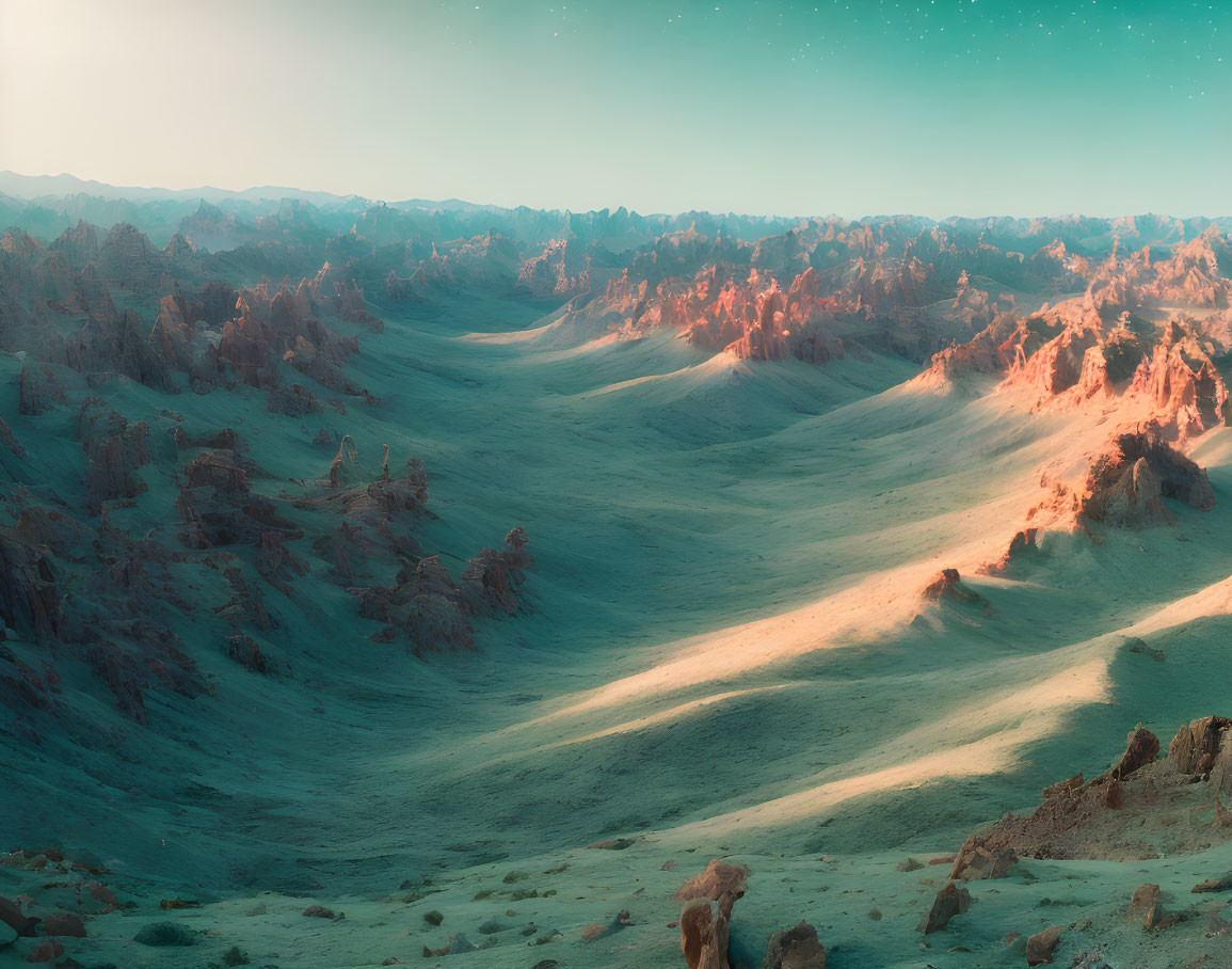 Sandy hills and twilight sky with stars in serene landscape