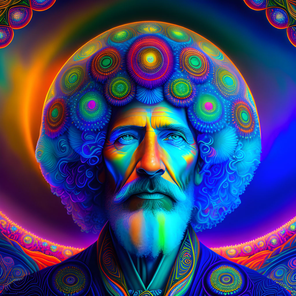 Colorful Psychedelic Portrait of Man with Mushroom Cap Hat