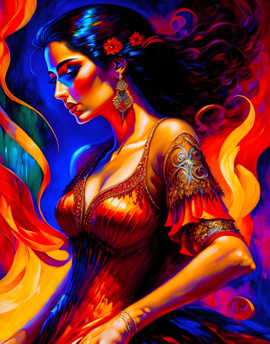 Colorful portrait of woman with dark hair, red flower, and golden jewelry in fiery background