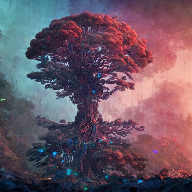 Majestic large tree with glowing blue orbs in misty forest