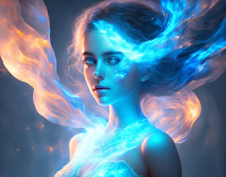 Fantasy portrait of woman with glowing blue hair and night sky skin surrounded by ethereal light and stars