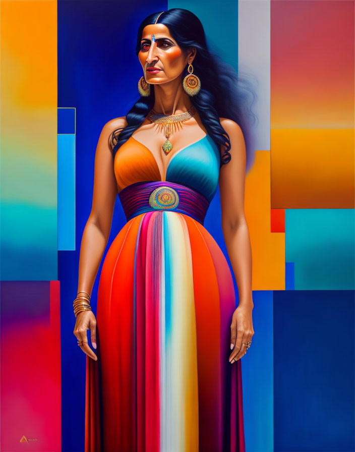 Vibrant portrait of woman in rainbow dress on geometric backdrop