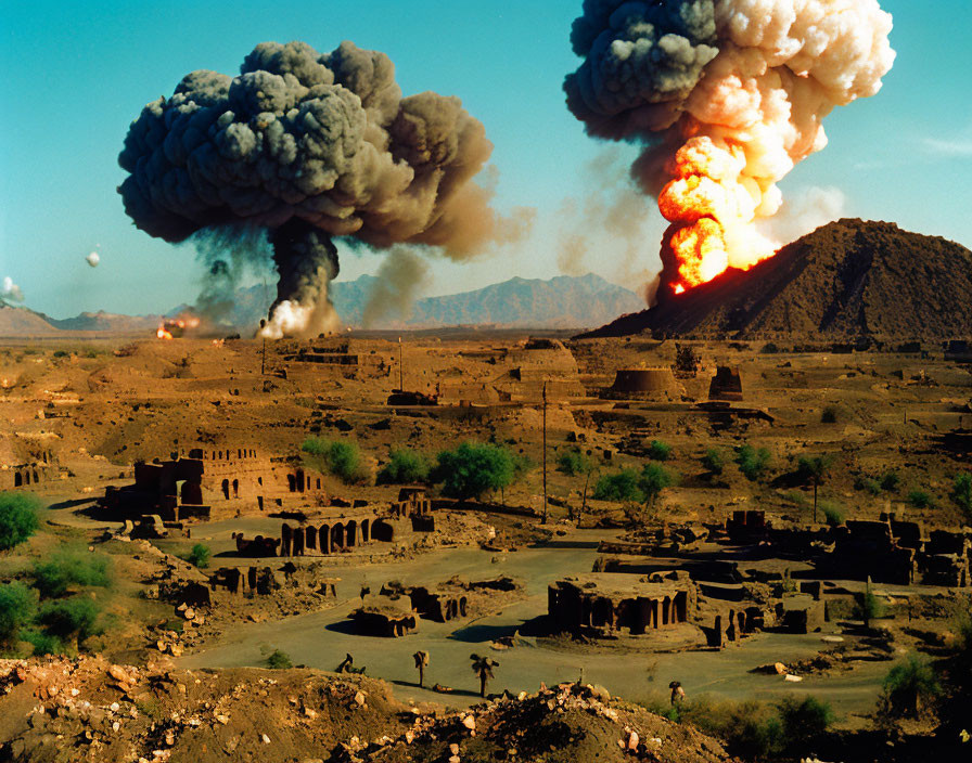 Massive explosion with fireball and smoke above desert ruins