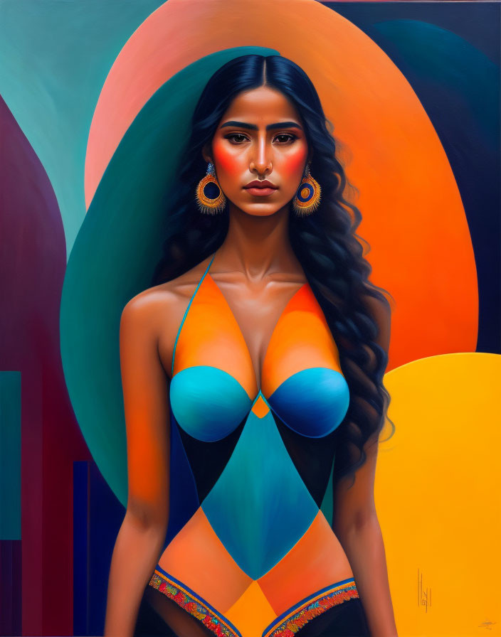 Woman with Dark Hair and Large Earrings in Colorful Swimsuit Against Geometric Backdrop