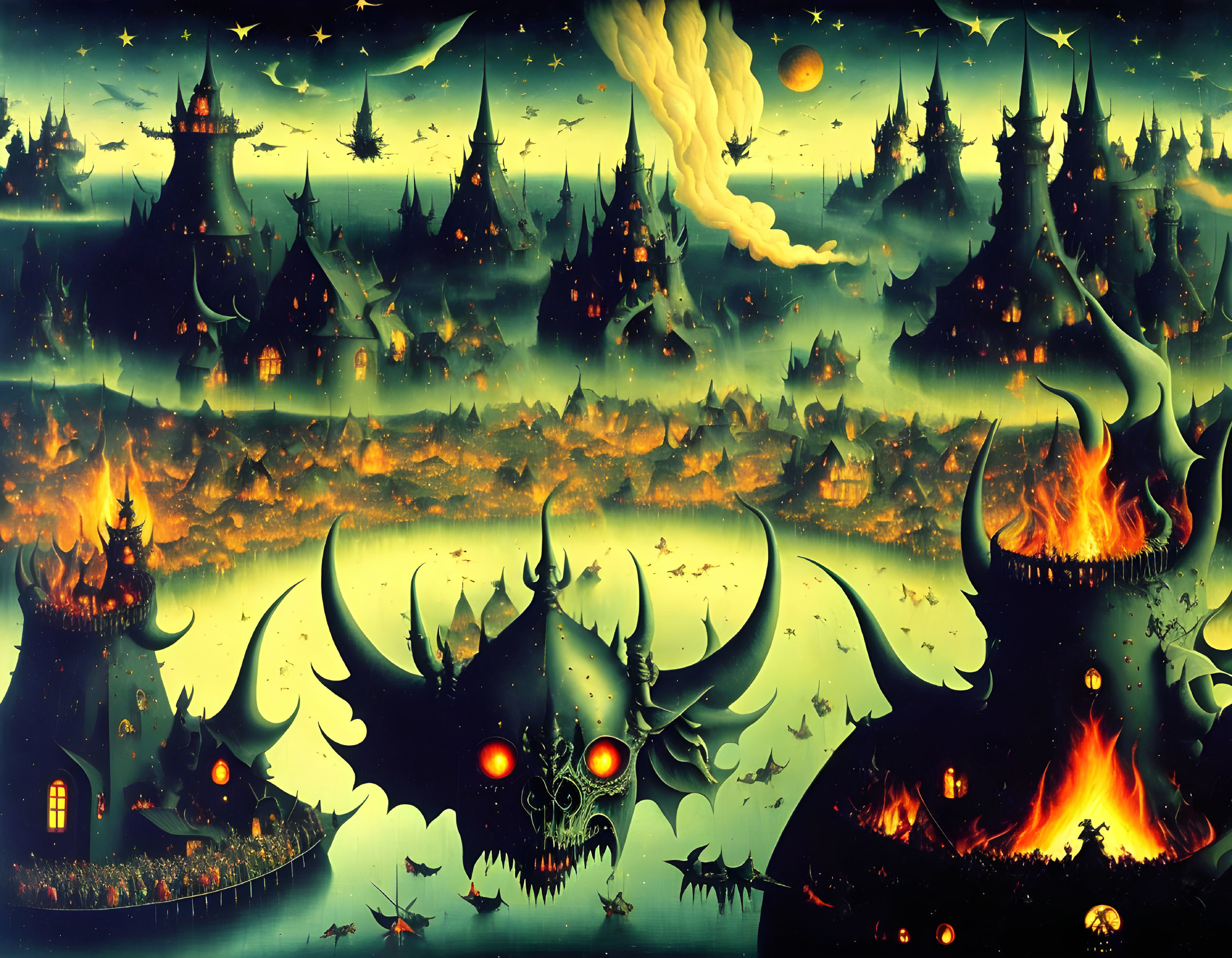 Fantastical landscape with dragons, volcanoes, and castles