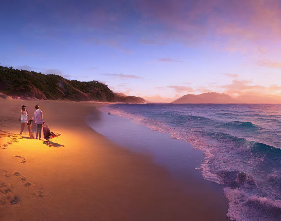 Couple with dog on beach at sunset with mountains and purple sky