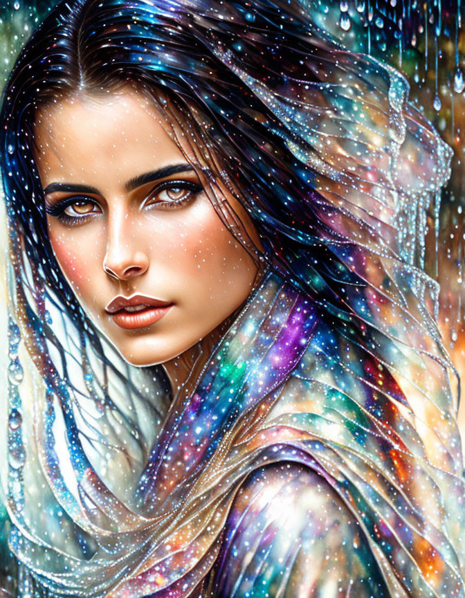 Captivating woman portrait with galaxy scarf and rain droplets.