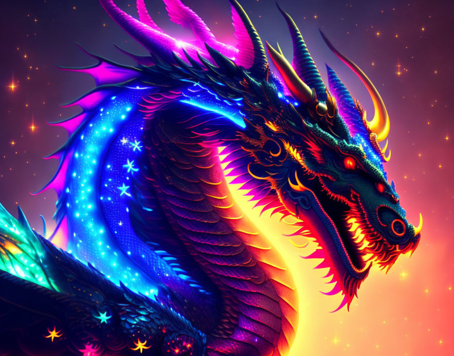 Neon-colored dragon in cosmic setting